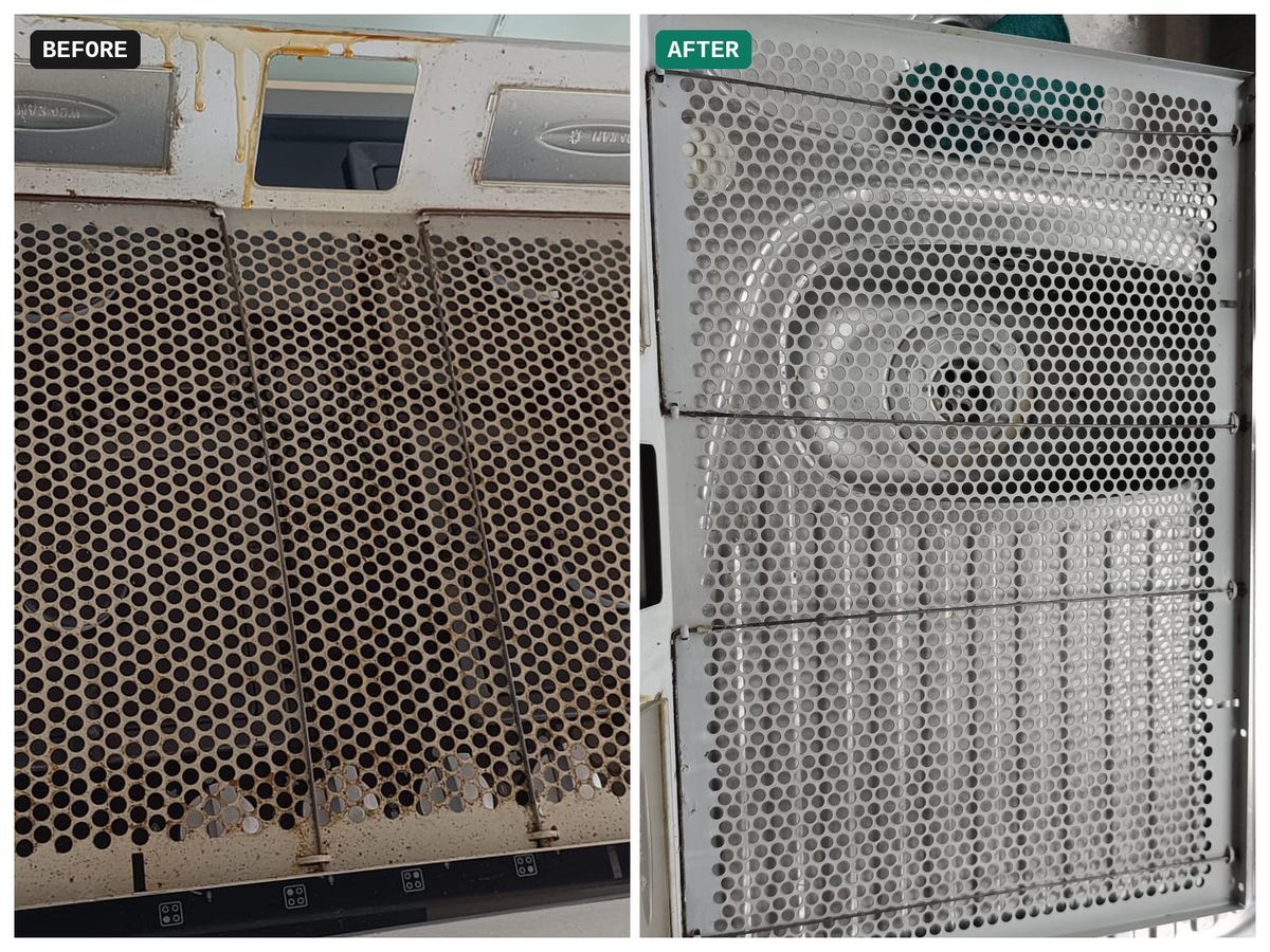 Extractor filter above the hob, before and after an end of tenancy clean